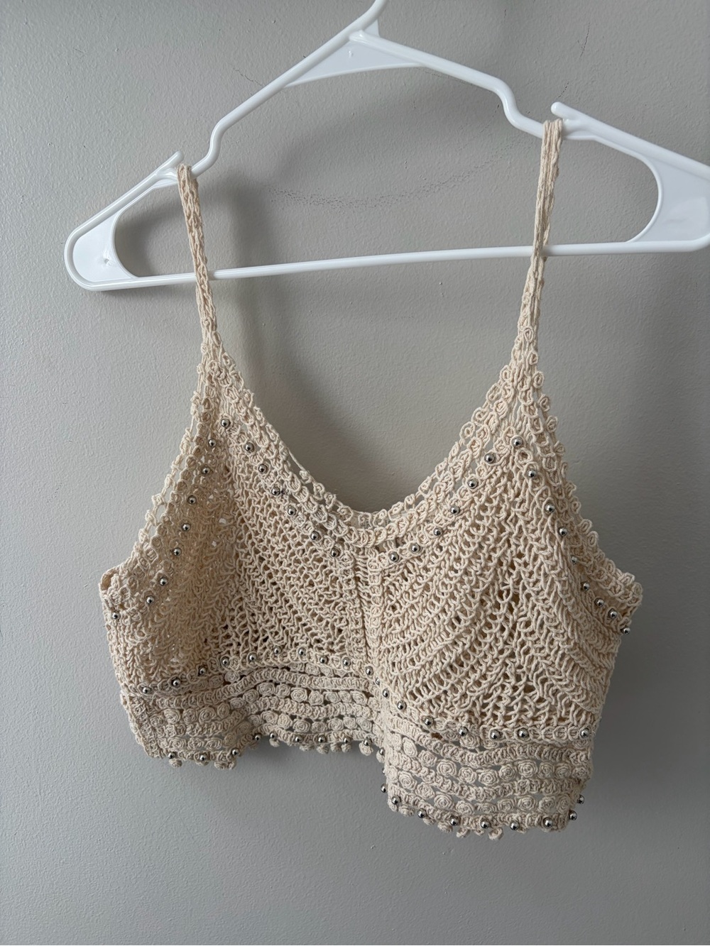Crochet Beaded Crop Top boho cream woman's large party summer